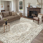 9x12 Area Rug Beige Washable Vintage Distressed Living Room Carpet Large Bedroom Indoor Medallion Floral Non Slip Retro Throw Floor Mat for Office Dining Room Kitchen Bathroom