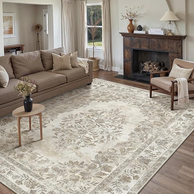 9x12 Area Rug Beige Washable Vintage Distressed Living Room Carpet Large Bedroom Indoor Medallion Floral Non Slip Retro Throw Floor Mat for Office Dining Room Kitchen Bathroom