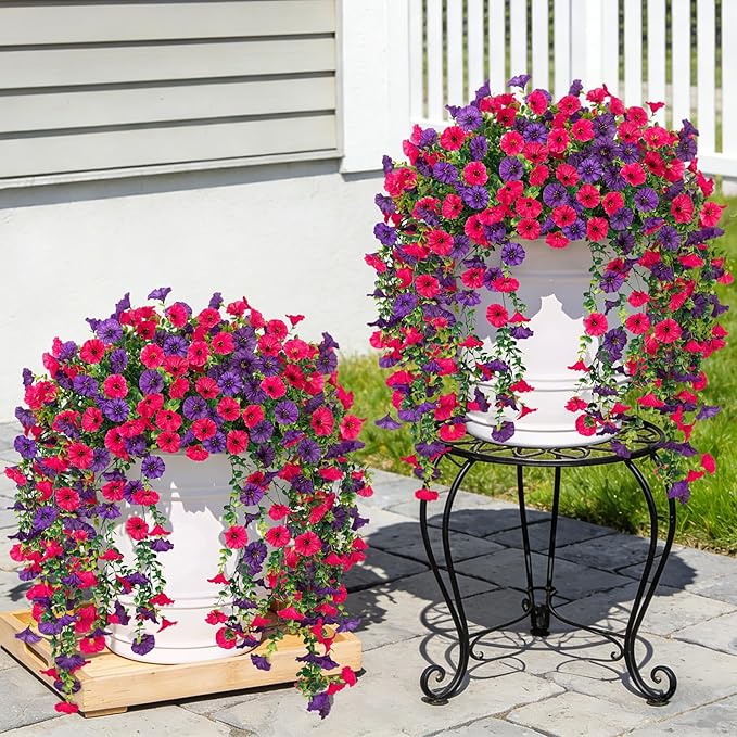 Artificial Hanging Flowers for Outdoor, 4pcs Fake Plants Long Vine Morning Glory Eucalyptus, Spring Summer UV Resistant Realistic Faux Greenery Indoor Outside Patio Porch Garden Decor, Hot Pink Purple