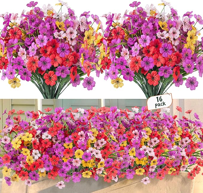 16 Pcs Artificial Fake Flowers for Outdoor Spring Decoration, Faux Silk Flowers No Fade Uv Resistant Daisy Flower Plants for Outdoor Planters Garden Yard Porch Patio Balcony Pathway Decor (Mix)