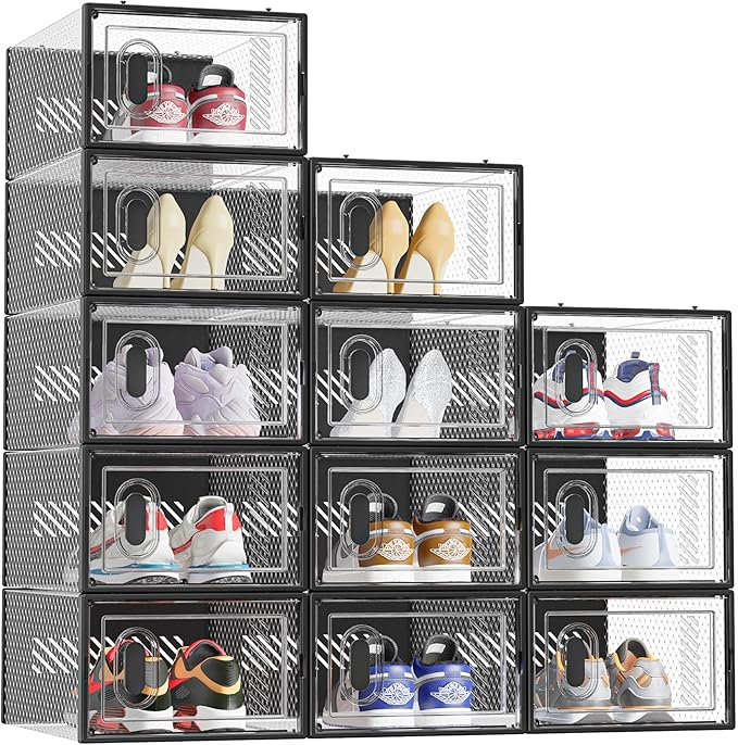 Shoe Storage, 12 Pack Shoe Organizer for Closet, Shoe Boxes Clear Plastic Stackable Shoe Containers with Lids for Size 10, Black