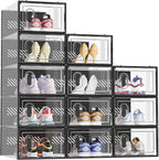 Shoe Storage, 12 Pack Shoe Organizer for Closet, Shoe Boxes Clear Plastic Stackable Shoe Containers with Lids for Size 10, Black