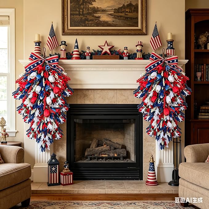 2 Pack 21'' Patriotic Teardrop Swag Wreaths for Cabinets Artificial 4th of July Swag Wreath with Red White Blue Tulips Floral and Berries for Independence Day Memorial Day Front Door Porch Window Wall