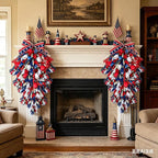 2 Pack 21'' Patriotic Teardrop Swag Wreaths for Cabinets Artificial 4th of July Swag Wreath with Red White Blue Tulips Floral and Berries for Independence Day Memorial Day Front Door Porch Window Wall