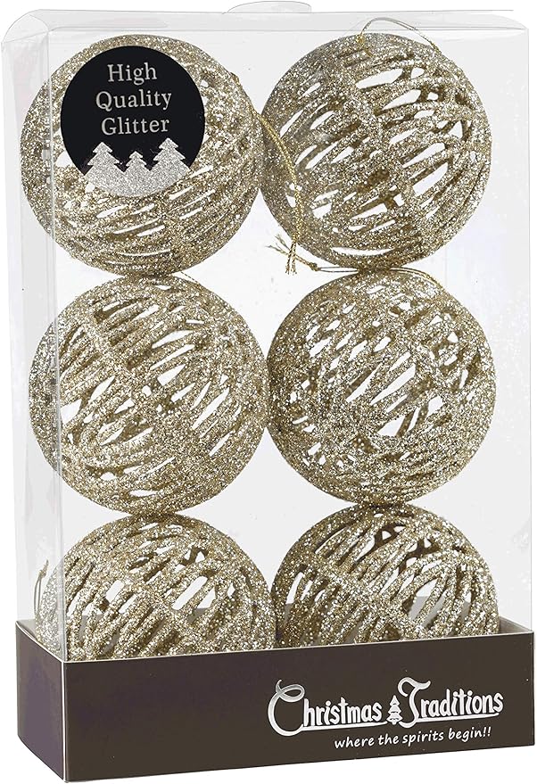 Christmas Traditions 4 inch Champagne Gold Glittered Rattan Ball Ornaments Hanging Tree Decorations (Set of 6) (Champagne Gold)