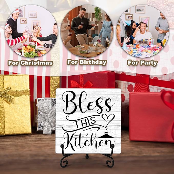 Kitchen Counter Decor, Table Decorations for Dining Room, Blessd Sign, Fun Farmhouse Kitchen Wooden Plaque with Iron Stand for Table Shelf Display-A02