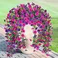 Artificial Hanging Petunias Flowers for Outdoor, 2pcs Fake Plants Long Vine Morning Glory Eucalyptus, UV Resistant Realistic Faux Greenery Indoor Outside Patio Porch Garden Spring Summer Decor, Purple