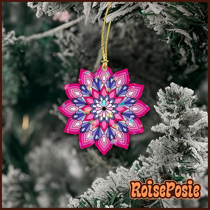 Mandala Flower 4" Vinyl Holographic Hanging Christmas Ornaments - Christmas Decoration for Home, Sun Catcher Gift, Christmas Tree Decor, Aesthetic Suncatcher Decor Gift for Women Man Friend