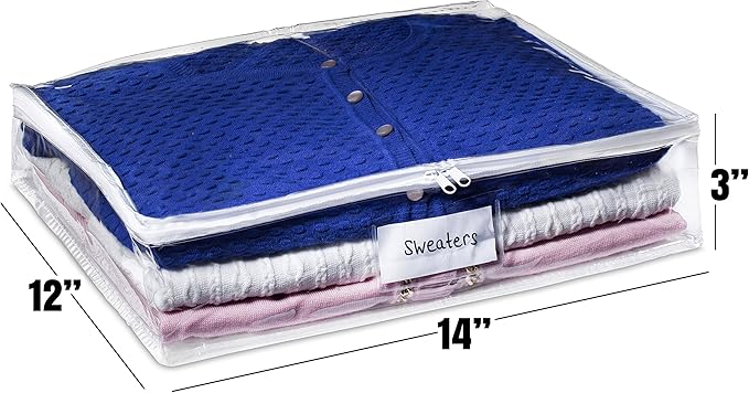 Masirs Clear Sweater Storage Bags 2-Pack – Zippered Vinyl Organizers with Label Pocket, Durable Dustproof Clothing Storage for Sweaters, Blankets, Linens, Underbed & Closet Use