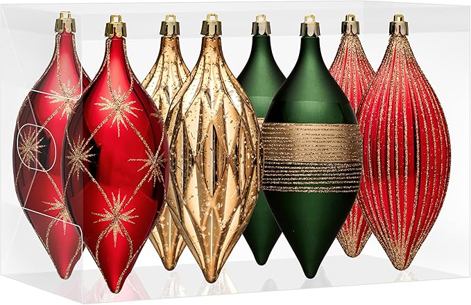 JORNOY Finial Drop Christmas Ornaments for Tree Decorations, 150mm/6inch Shatterproof Plastic Hanging Large Tear Drop Baubles Bulk for Holiday Home Party Decor with String, 8 Pack, Red Green Gold