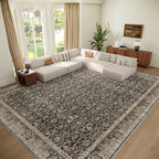 Washable 9x12 Area Rugs for Living Room, Boho Non-Slip Vintage Distress Lager Rugs for Bedroom Dining Room Nursery Office, 0.3" Neutral Oriental Throw Thin Carpet, Black/Brown/Blue/Multi