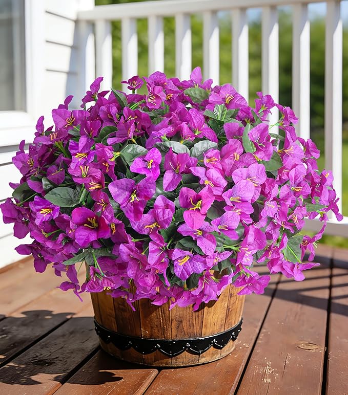 Faux Bougainvillea Artificial Flowers Plants for Outdoors Spring Decor, 4 Bundles Realistic Bougainvillea UV Resistant Faux Flowers for Outdoor Planters Porch Patio Window Garden Home, Fuchsia