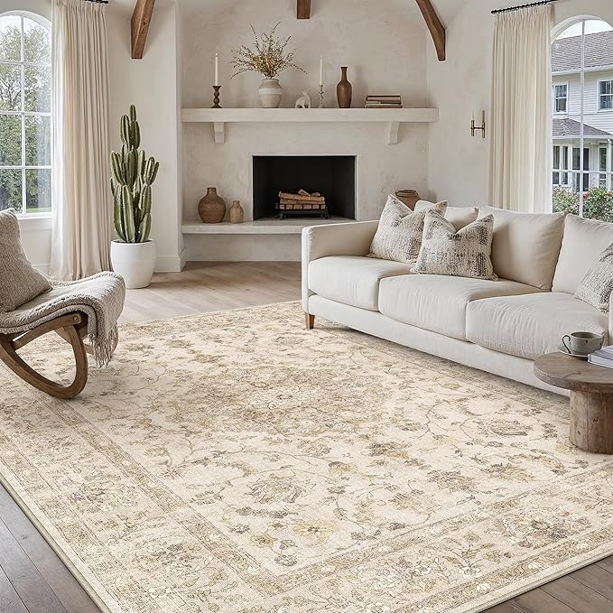 9x12 Beige Area Rug Washable Living Room Vintage Carpet Bedroom Distressed Large Non Slip Low Pile Thin Dining Room Office Medallion Accent Throw Rug
