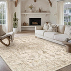 9x12 Beige Area Rug Washable Living Room Vintage Carpet Bedroom Distressed Large Non Slip Low Pile Thin Dining Room Office Medallion Accent Throw Rug
