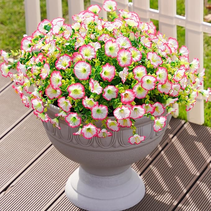 Artificial Fake Spring Outdoor Plants Flowers, 12 Bundles Outside Faux Silk Pink Morning Glory with Eucalyptus Realistic UV Resistant for Planter Pot Porch Garden Yard Patio Balcony Home Decoration