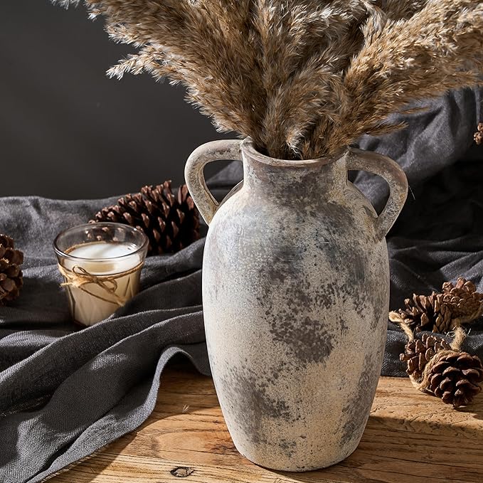 9.84 Inch Ceramic Vase with Handles, Tuscan Decor Antique Terracotta Vase, Rustic Decorative Flower Vase for Home Decor, Farmhouse, Living Room, Table, Bedroom, Office, Entrance- Gray