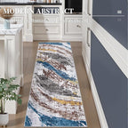 Ciicool 2x6 Washable Runner Rug, Modern Abstract Hallway Rugs Runner, Non-Slip Thin Accent Rug Lightweight Blue Grey Print Distressed Carpet for Laundry Entryway Bedroom Kitchen Bathroom Indoor
