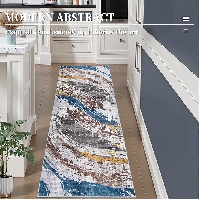 Ciicool 2x6 Washable Runner Rug, Modern Abstract Hallway Rugs Runner, Non-Slip Thin Accent Rug Lightweight Blue Grey Print Distressed Carpet for Laundry Entryway Bedroom Kitchen Bathroom Indoor