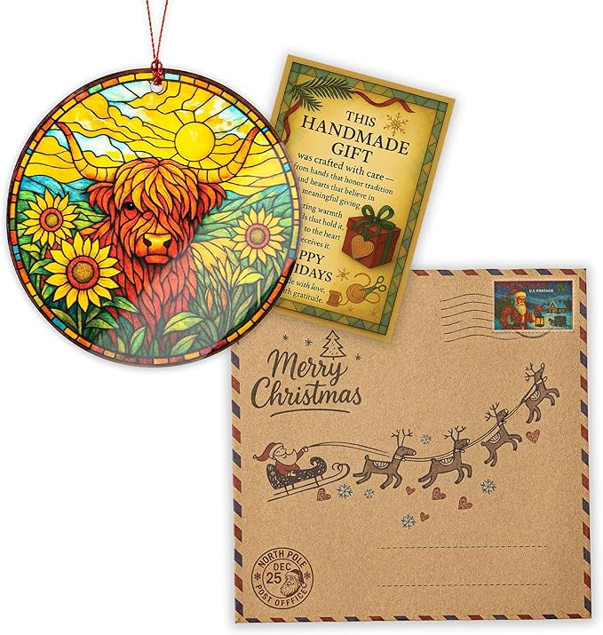 Christmas Ornaments 2025, Highland Cow Ornament Suncatcher, Cow Ornaments for Christmas Tree, Highland Cow Gifts for Women Men, Rustic Cow Decor, Farmhouse Christmas Ornament Gift