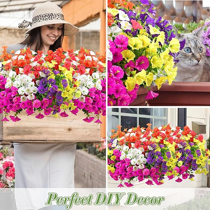 Waipfaru Artificial Flowers for Outdoors, 24 Bundles Faux Plants Outdoor, UV Resistant Artificial Plants Outdoor, Silk Petunias Fake Flowers for Outside Home Decor Planter Porch Decoration, Mix Color