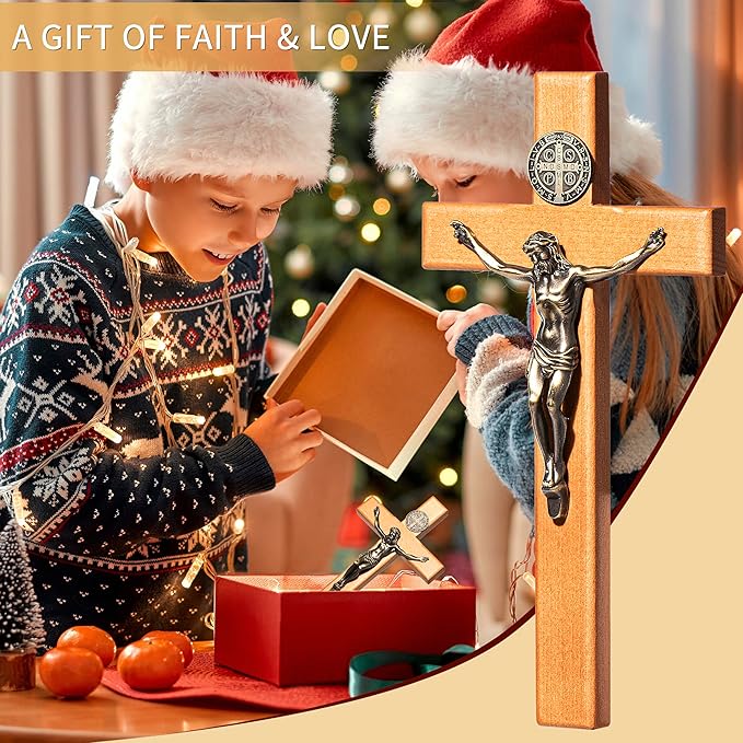 ACHIBANG 10 Inch Wooden Catholic Crucifix Wall Cross with Jesus & Saint Benedict Medal, Natural Wood Religious Decor for Home Prayer Room, Baptism Confirmation Catholic Gifts