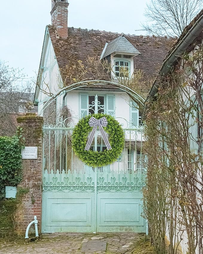 Vlorart 32" Faux Boxwood Wreath, Artificial Large Boxwood Wreaths Front Door, Spring Summer Waterproof Green Wreath Hanging with A Bow for Wall Farmhouse Outside Window Wedding Party Decor Year Round