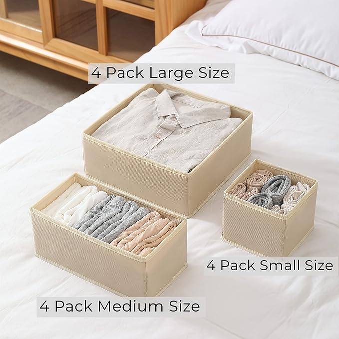 12 Pack Drawer Organizer Clothes, Foldable Fabric Dresser Organizer Closet Organizers and Storage Box for Underwear,Folded Clothes,Baby Clothing,Socks,Bra,Towels,Ties(12 Pack,Beige)