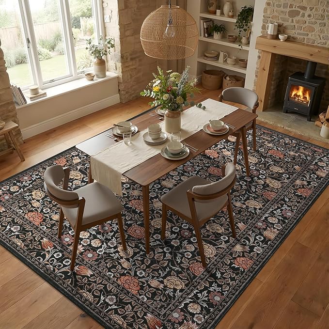 GarveeHome Brown Vintage Floral Washable 6x9 Area Rugs for Living Room Black Boho Botanical Retro Rug Low Pile Non Slip Carpet for Bedroom Nursery Dining Room