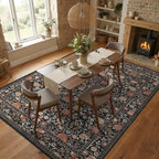 GarveeHome Brown Vintage Floral Washable 8x10 Area Rugs for Living Room Black Boho Botanical Retro Rug Low Pile Stain Resistance Non Slip Carpet for Bedroom Nursery Dining Room