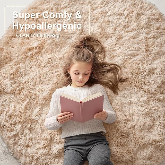 OLANLY Beige Round Rugs for Bedroom - Machine Washable, 8 ft Circle Area Rugs for Living Room, Soft and Fluffy Shaggy Carpet for Teen Girls and Boys, Nursery Rooms, Dorms, Home Decor Aesthetic