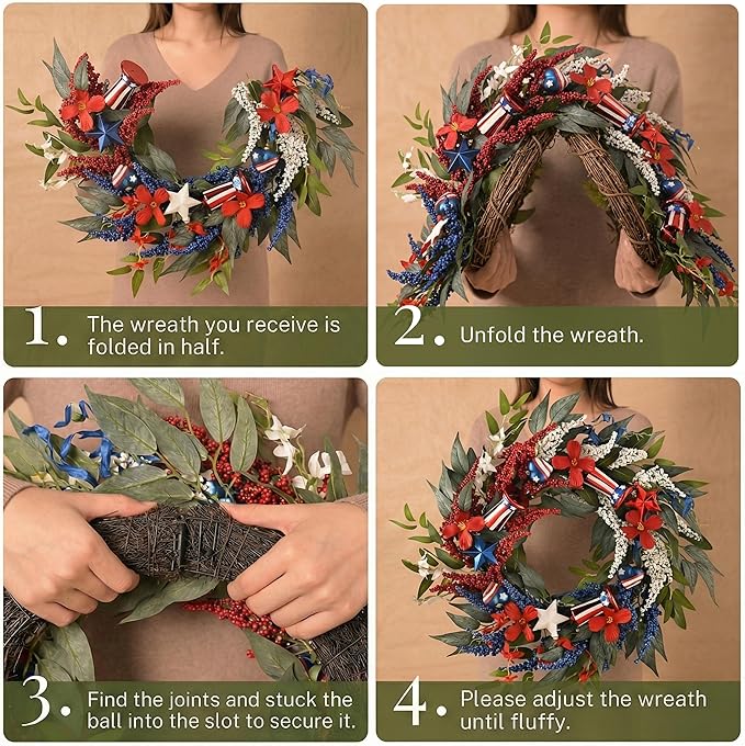 DecorbyHannah Patriotic Wreaths for Front Door, 22 inch 4th of July Wreath for Independence Day, Flag Day, Collapsible Red White Blue Wreath Decorations with Top Hat Ornament for USA 250th Holiday