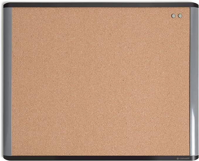 U Brands MOD Cork Bulletin Board, 16" x 20", Black and Gray Frame, Industrial Grade Pinning Surface, Includes Push Pins