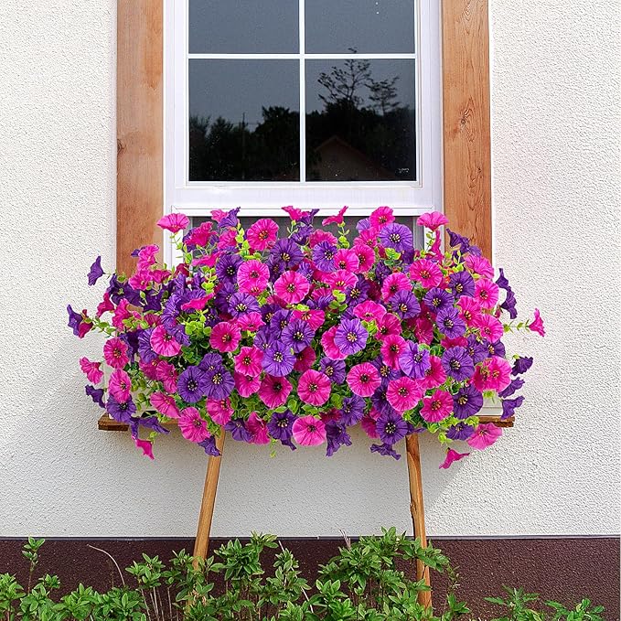 Artificial Flowers for Outdoors Decoration, 10 Bundles Fake Plastic Flower Plant, Faux Colorful Silk Morning Glory Petunias for Spring Summer Outside Garden Porch Front Door Decor, Purple