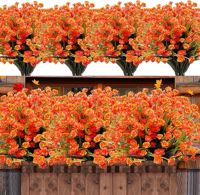 12 Bundles Artificial Flowers for Outdoors Spring Summer Decorations, UV Resistant Fake Mums Realistic Fake Plants Faux Plastic Flowers for Outdoor Indoor Home Gardens Porch Fall Decor(Orange Red)