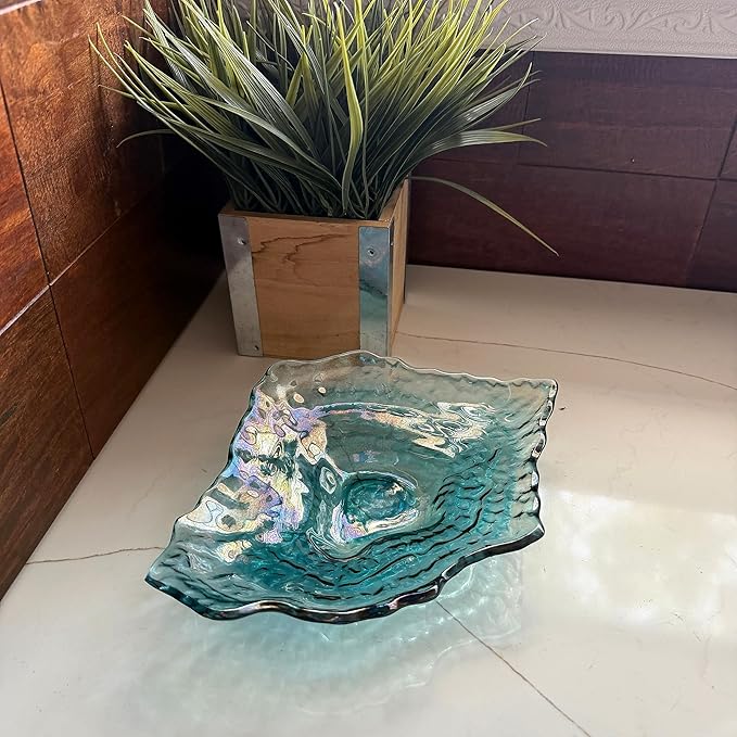 Things2Die4 Oyster Shaped Decorative Plate, 10 X 7.5 Inch Iridescent Sea Blue Glass Accent Dish for Coastal Table Decor, Freeform Wavy Shell Design for Entryway or Living Room