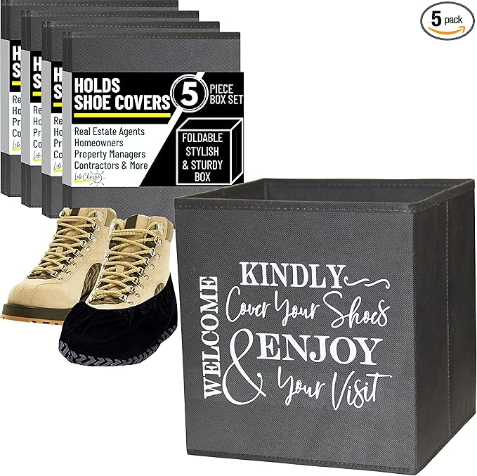 Life Charge Shoe Covers Box - Real Estate Open House Supplies for Realtor Listings. Shoe Cover Holder for Home asks to Please Cover Shoes - Fill with Shoe Booties - Indoor Use | 5 Pack Grey & White