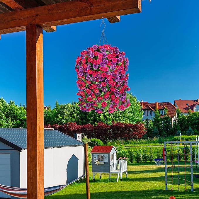 Artificial Flowers with Hanging Basket, Outdoor Faux Plants Silk Morning Glory Vines, Fake Green Arrangement for Garden Patio Spring Summer Decor(Hot Pink Purple)
