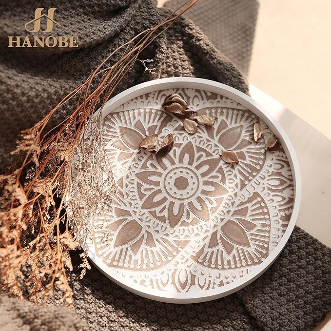 Hanobe Decorative Serving Tray Round: Farmhouse Coffee Table Decor Boho White Mandala Trays for Living Room Kitchen Bathroom Display