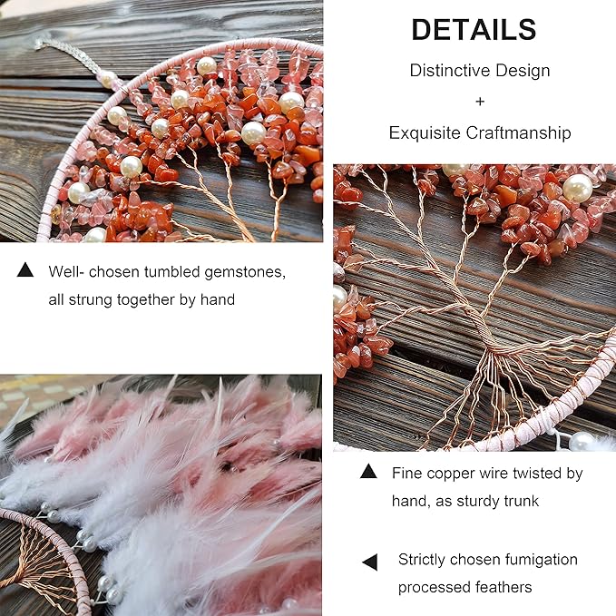 Dream Catchers, Pink Dream Catcher Tree of Life Wall Decor, with Natural Healing Crystal Stone, Perfect Rose Agate Handmade Dreamlike Dream Catcher for Girls Bedroom Decor Art Craft Gift