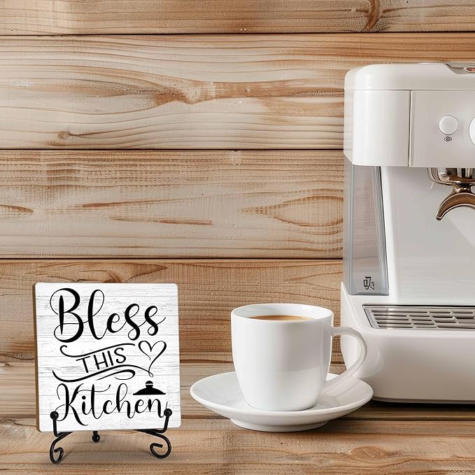 Kitchen Counter Decor, Table Decorations for Dining Room, Blessd Sign, Fun Farmhouse Kitchen Wooden Plaque with Iron Stand for Table Shelf Display-A02