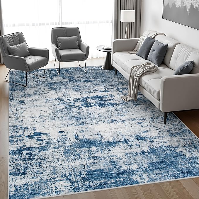 8x10 Area Rug Living Room Rug: Washable Modern Abstract Soft Thin Rug Indoor Floor No Slip Stain Resistant Carpet for Bedroom Dining Room Farmhouse Nursery Home Office - Blue
