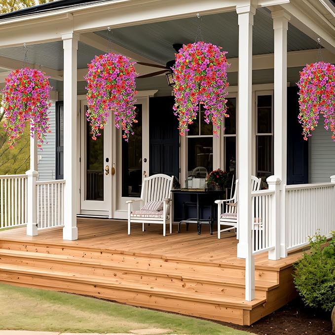 Artificial Hanging Flowers for Outdoors Fake Plants Decoration, 2 Packs Faux Silk Daisy Flower Realistic Outdoor Flowers UV Resistant Porch Patio Window Yard Indoor Spring Decor(Red Purple)