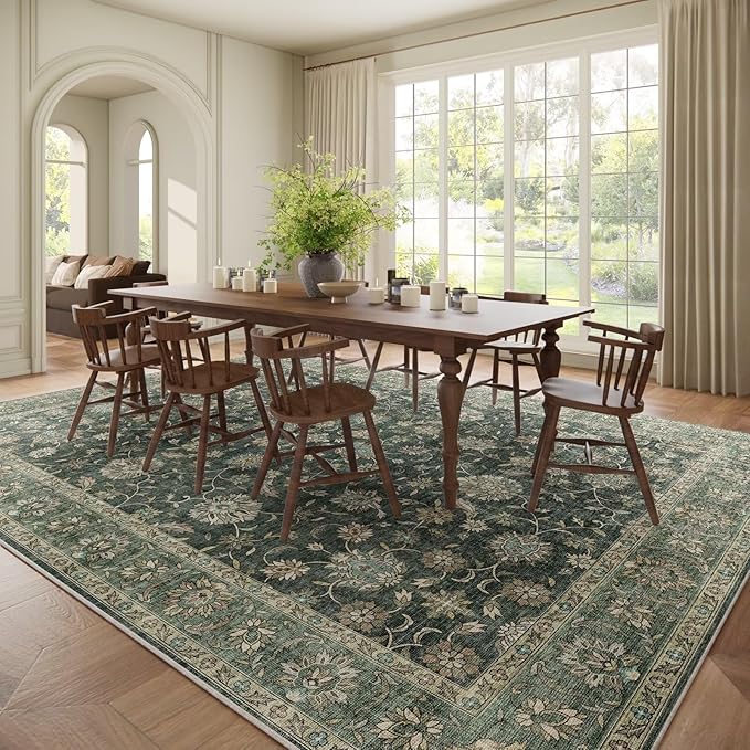 Washable 9x12 Area Rugs for Living Room, Boho Non-Slip Vintage Distress Lager Rugs for Bedroom Dining Room Nursery Office, 0.3" Neutral Oriental Throw Thin Carpet, Sage Green/Blue/Multi