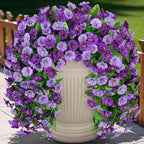 Artificial Flowers with Hanging Basket, Outdoor Faux Plants Silk Morning Glory Vines, Fake Green Arrangement for Garden Patio Spring Summer Decor(Purple)