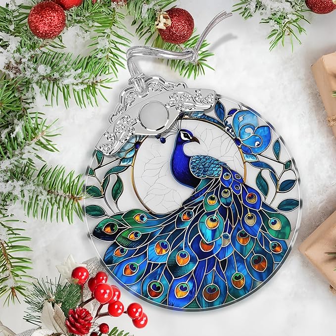 Stained Glass Suncatcher Ornament - Peacock Christmas Decorations - Christmas Ornaments for Tree - Holiday Present Ideas - Gift Exchange
