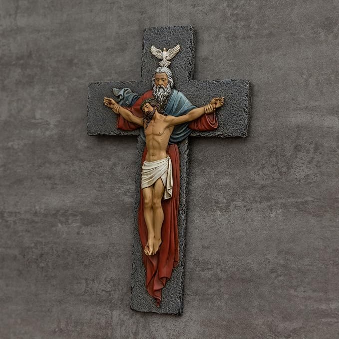 BC Catholic Holy Trinity Crucifix Wall Cross, 9.5" H Jesus Christ Wall Decor, Religious Gifts, Catholic Christian Home Decor, Renaissance Wall Sculpture handpainted by Buildclassic