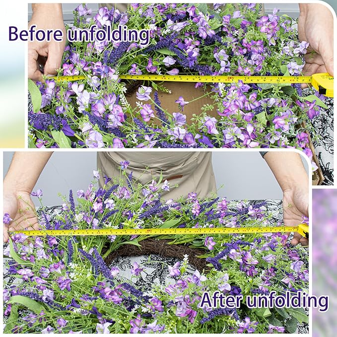 LLZLL Purple Spring Wreaths for Front Door 22 Inch Summer Wreath Artificial Violet Lavender Wreath with Eucalyptus Leaf for Spring Easter Home Decorations