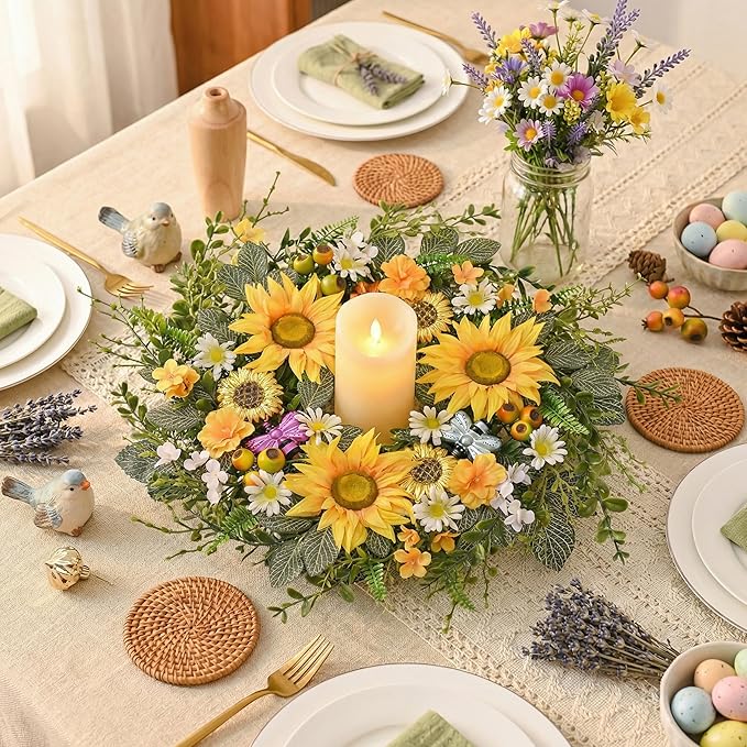 DecorbyHannah Spring Sunflower Summer Wreaths for Front Door Outside All Season, 22 Inch Artificial Collapsible Flower Wreaths with Daisy and Bee, Sunflower Decor for Porch, Wedding Housewarming Gifts