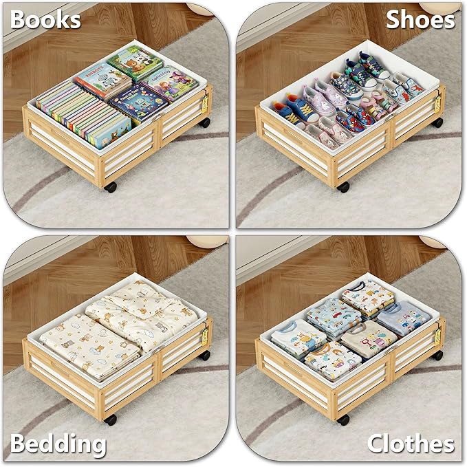 Under Bed Storage Containers with Wheels, Larger Bamboo Wood Under Furniture Storage Containers with Dust Bags，Rolling for Shoes Clothes