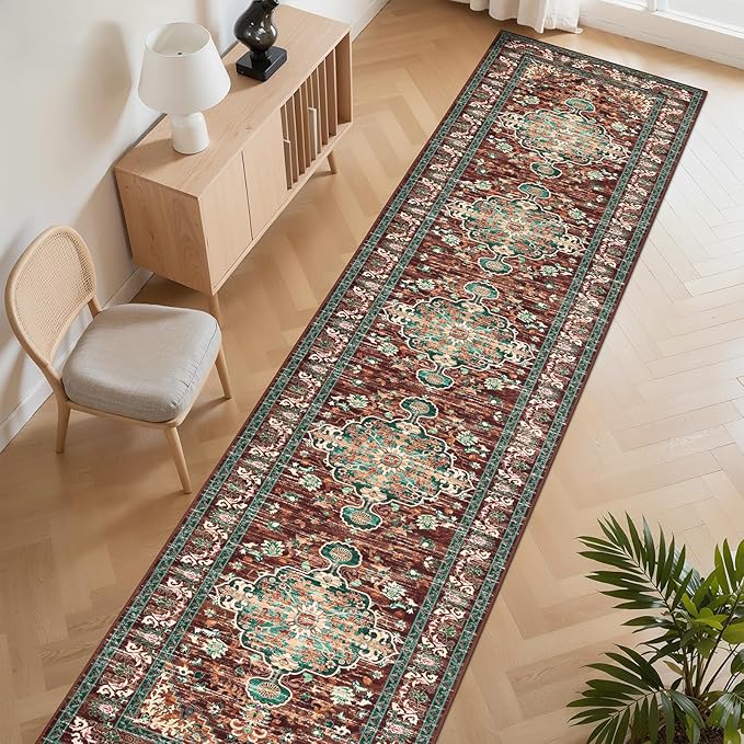 U'Artlines 3' x 20' Boho Hallway Runner Rug, Rust Non Slip Washable Vintage Farmhouse Accent Rug Carpet for Kitchen Entryway Laundry and Living Room (Rust＆Teal)